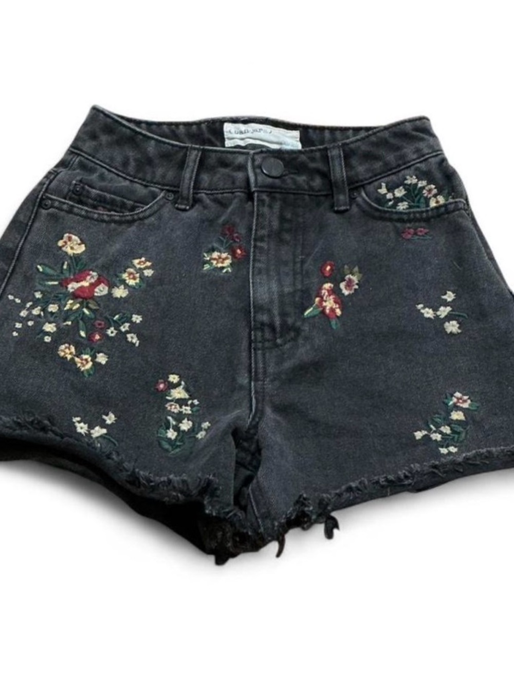 Ban-jara Floral Embroidered Black Denim High-Rise Shorts Raw Hem Sz 00/28